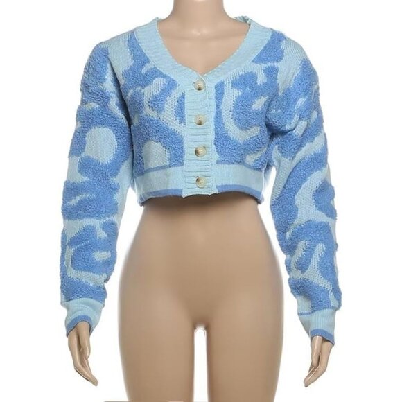 Women's Fashion Button Down Cardigan Sweaters Fall Slim Crop Knit Typed-Blue - Picture 5 of 5